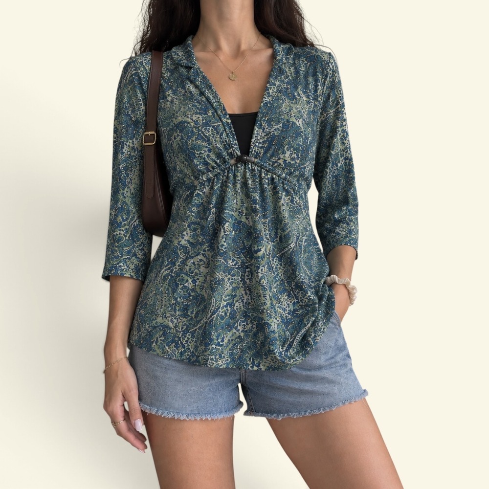 Vintage Y2K Notations Paisley Layered Blouse Cinch Waist Beaded Top Small Boho